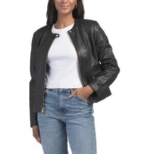 COLE HAAN Black Leather Woven Detail Jacket